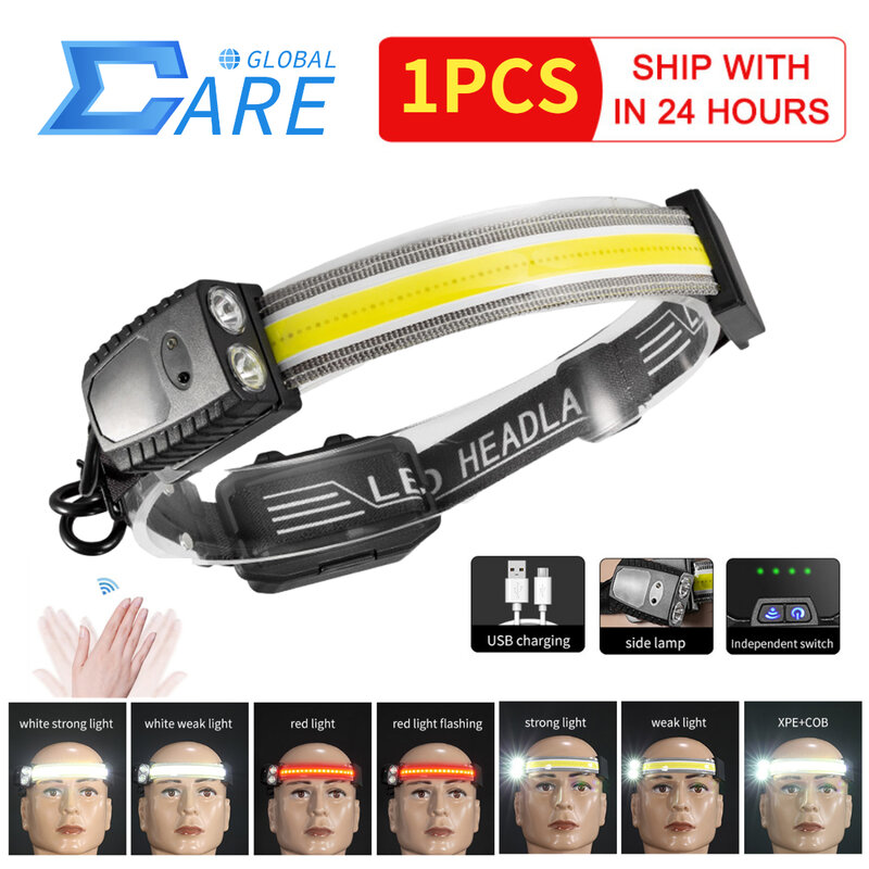 COB XPE Sensor Headlight USB Rechargeable Powerful LED Headlamp Waterproof Head Torch Outdoor Camping Lantern Fishing Flashlight