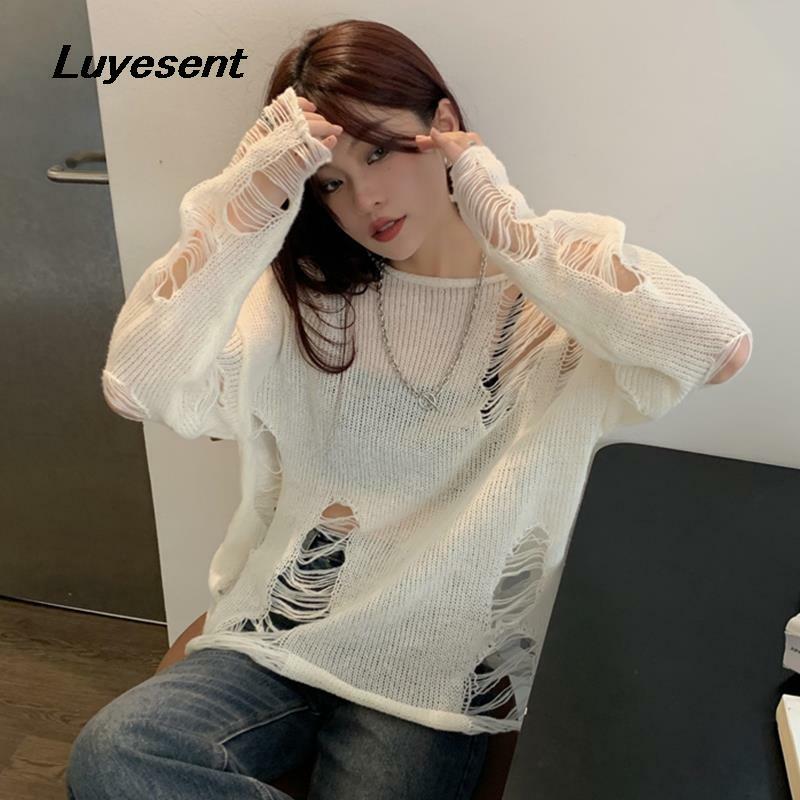 Sweet Lady Hollow Out Loose White Pullover Sweater Y2k Girl Hole Ripped Long Sleeve Casual Thin Sweaters Korean Fashion Clothes