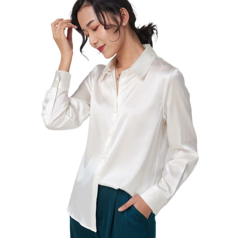 نقية الطبيعية 100% Charmeuse الحرير قمصان النساء عالية الجودة أنيقة الصينية بلايز عادية 19 مللي متر طويلة الأكمام لامعة بلوزة حريمي