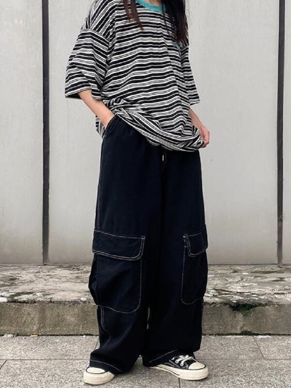 إيمو الرجال السود الشارع الشهير Harajuku الهيب هوب المتضخم Techwear كبيرة الحجم البضائع السراويل النساء واسعة الساق بنطلون للإناث Alt الملابس