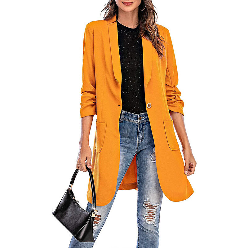 2022 autumn and winter new three-quarter sleeve women's mid-length pocket coat suit jacket