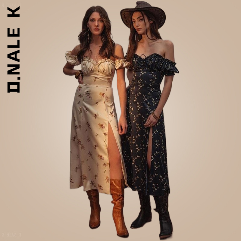 D.Nale K Summer Sexy Lace Up Side Split Chic Mid-Calf Aesthetic Dress Floral Off Shoulder Puff Sleeve Maxi Dress For Woman Robe 