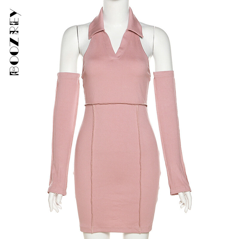 BoozReysexy Long Sleeve Halter Solid Bottoming Dress Women Casual Open Back Pink Mini Dresses Patchwork Hollow Girl Streetwear