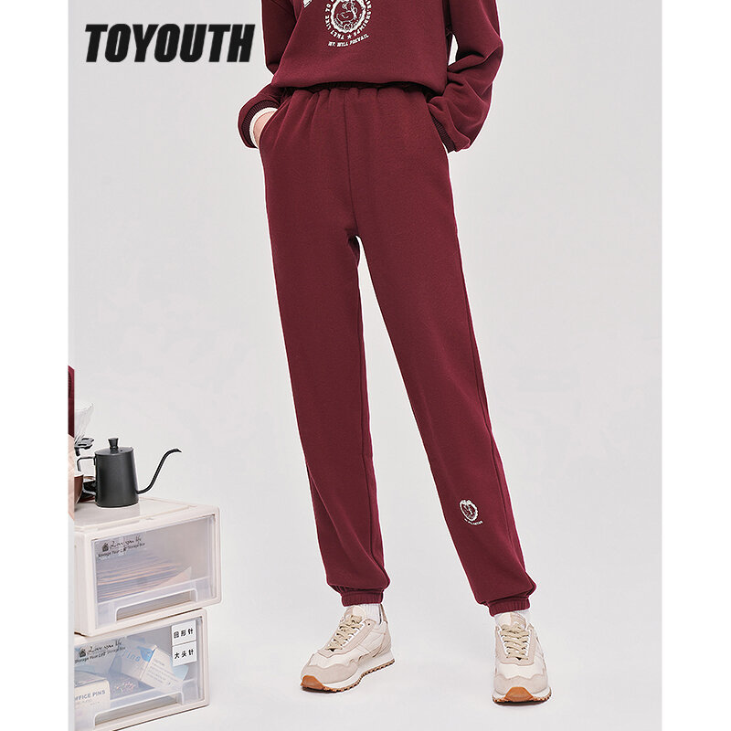 Toyouth النساء الصوف Sweatpants 2022 الشتاء مرونة الخصر مستقيم طويل بنطلون خمر عتيق الأحمر الدافئة بنطلون رياضي غير رسمي