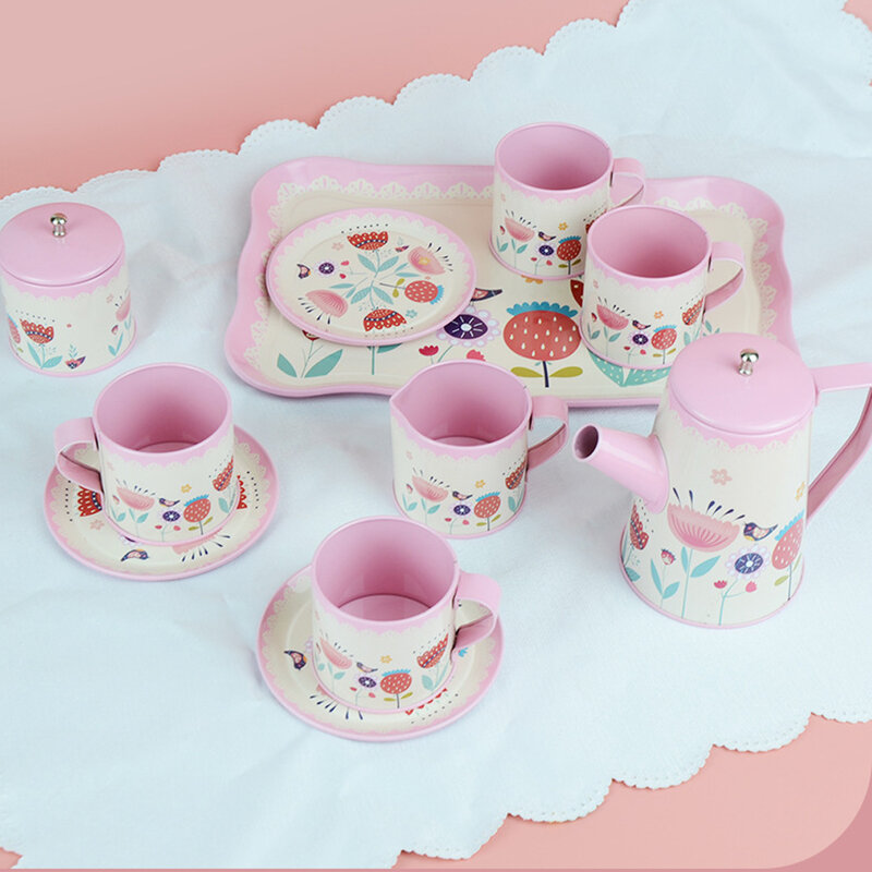 طقم شاي للأطفال للفتيات الصغيرات علبة شاي القصدير الوردي طقم إبريق الشاي أكواب شاي أطباق أطباق صينية تقديم هدايا الأميرة اللعب