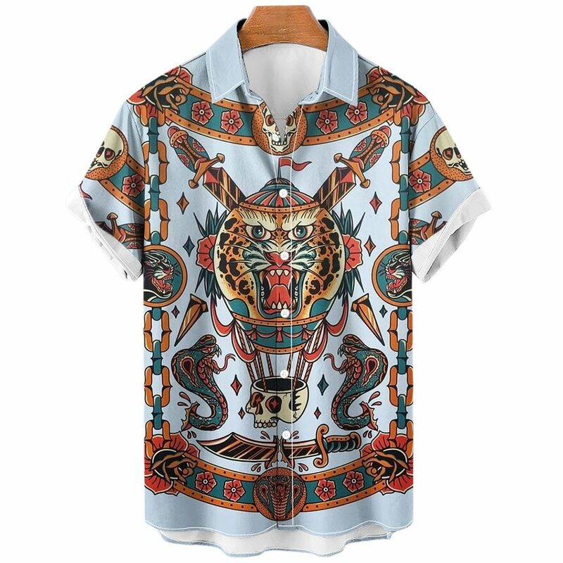 الصيف اليابانية نمط المطبوعة قميص للرجال الوشم هاواي الرجال قميص كلاسيكي قصير الأكمام أعلى Y2k Harajuku الرجال الملابس جديد