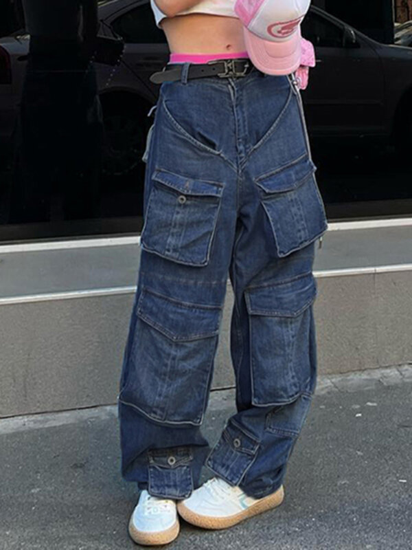 Weiياو الأزرق الصلبة متعددة جيوب البضائع الجينز للنساء 2022 خمر 90s الدينيم بنطال ذو قصة أرجل واسعة منخفضة الخصر Y2K الشارع الشهير قيعان