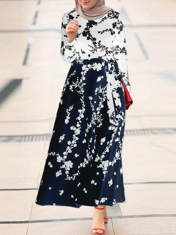موضة المرأة المسلمة الأزهار المطبوعة ماكسي فستان طويل ZANZEA الربيع أنيقة طويلة الأكمام عباية الحجاب فستان دبي الملابس الإسلامية #3