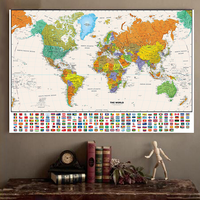 Vintage خريطة العالم مع أعلام وطنية شخصية أطلس المشارك قماش اللوحة مجسم للكرة الأرضية على حامل معدني خريطة 100*70 سنتيمتر اللوازم المدرسية