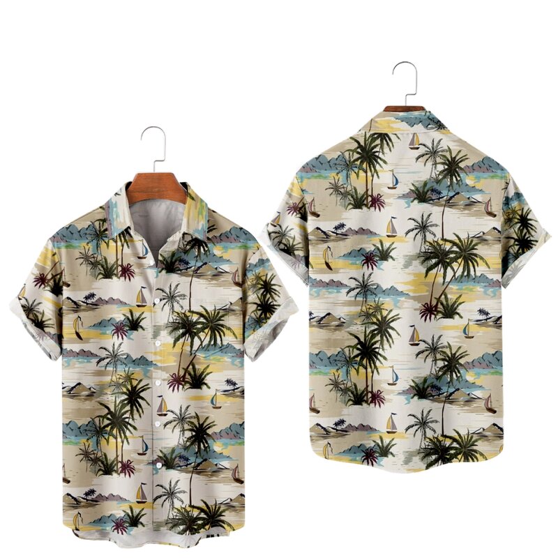 موضة رجالي هاواي قميص المرأة عادية الملونة شجرة جوز الهند المطبوعة قمصان الشاطئ قصيرة الأكمام الاطفال تيز للجنسين بلايز #3