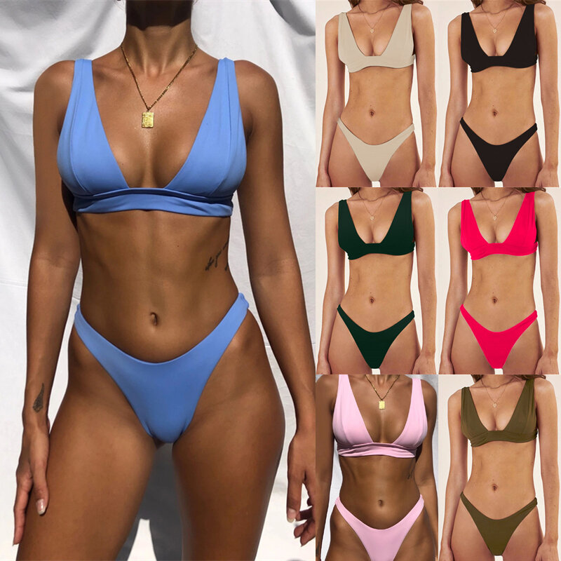 2022 جديد مثير مجموعة البكيني ملابس السباحة الصلبة النساء رفع بيكيني البرازيلي ثوب السباحة الصيف ملابس الشاطئ لباس سباحة XL