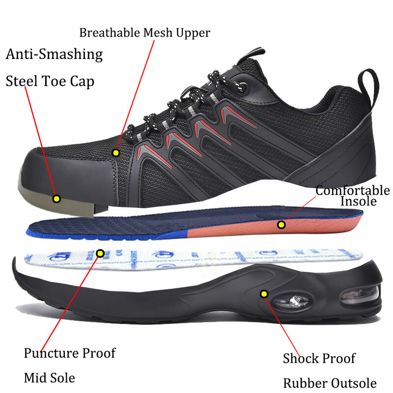SUADEX وسادة هوائية الصلب حذاء مزود بفتحة للأصابع الرجال خفيفة الوزن سلامة العمل أحذية رياضية البناء الصناعي تنفس السلامة تو حذاء برقبة للعمل