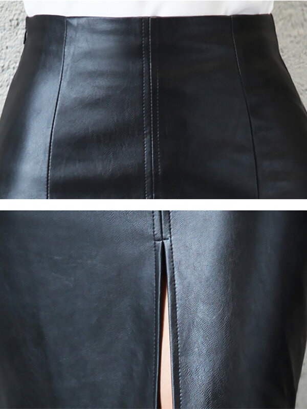 Aachoae Black PU Leather Skirt Women 2022 New Midi Sexy High Waist Bodycon Split Skirt Office Pencil Skirt Knee Length Solid PU