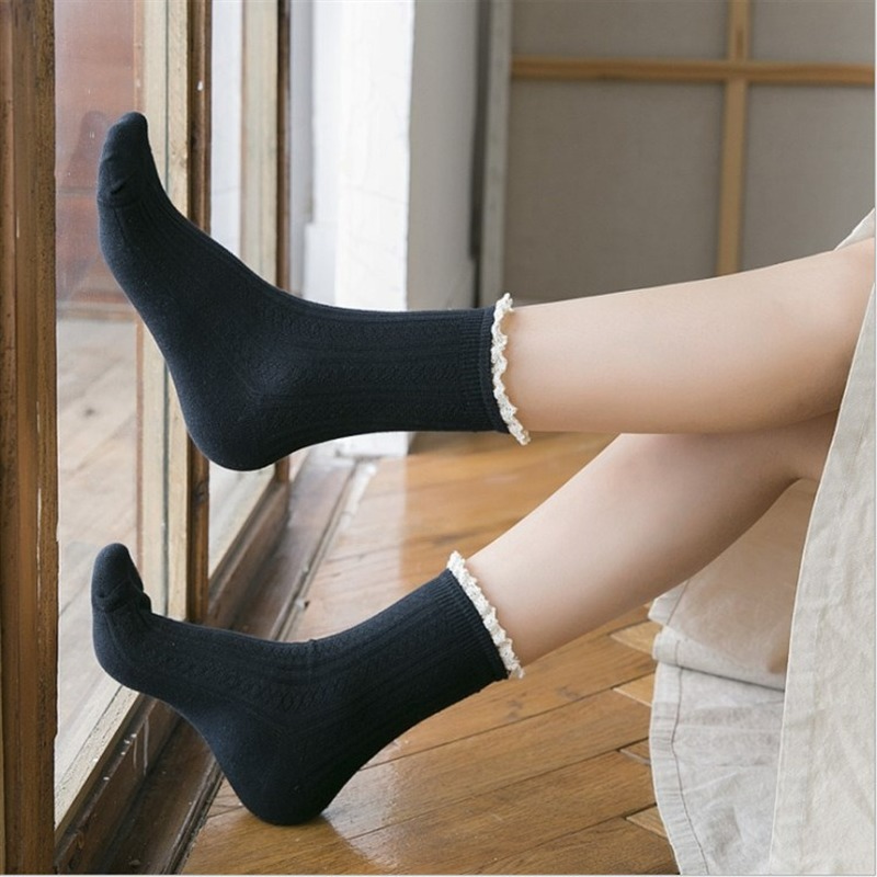 JK Lolita Lace Frilly Socks Fashion Solid Color Japanese Kawaii Cute Socks Women Cotton Knitting Harajuku Streetwear Crew Socks