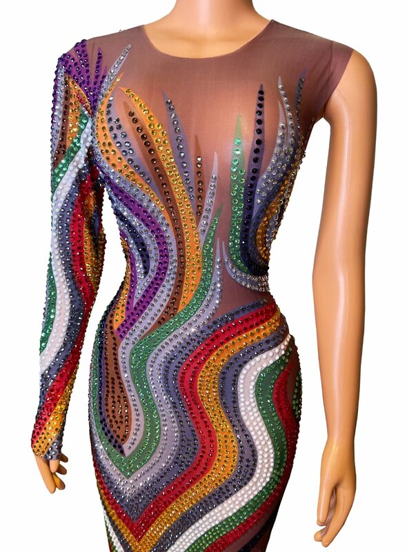 فستان مصمم للأزياء المشاهير الترتر الملونة س الرقبة فستان حفلة سهرة واحدة طويلة الأكمام زي