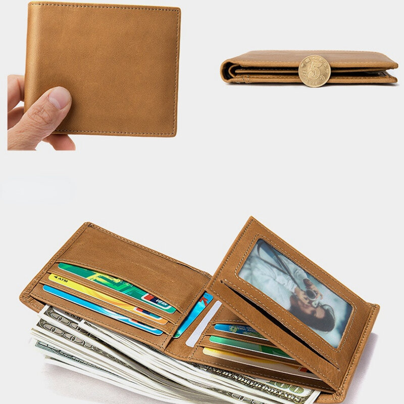 محفظة رجالية عادية قصيرة ريترو جلد طبيعي محافظ الرجال حقيبة المال محفظة العلامة التجارية الفاخرة حامل بطاقة الائتمان اثنين أضعاف عملة المحافظ #1