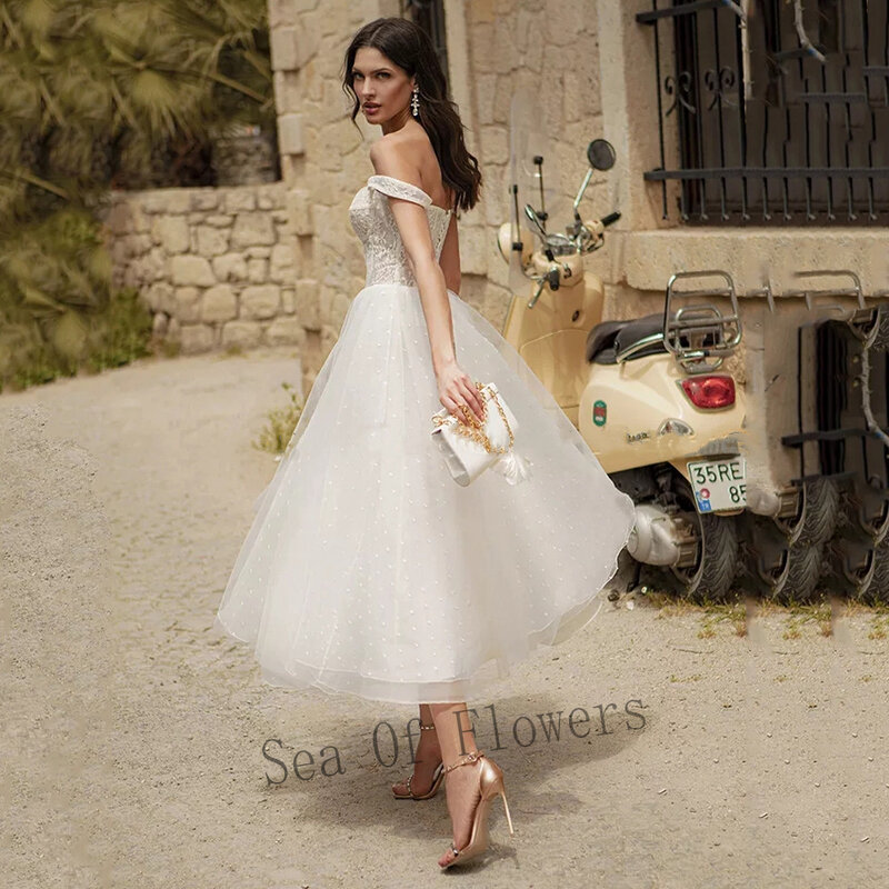 بحر من الزهور ثوب زفاف رائع للعروس الشاي طول تول ألف خط الدانتيل يصل مخصص Vestidos De Novia