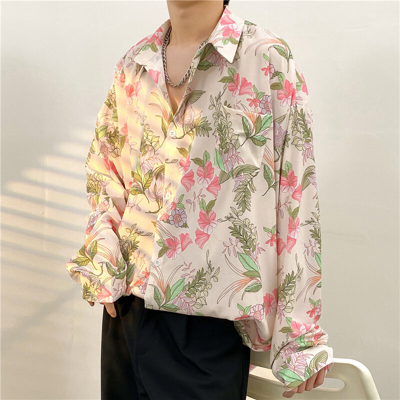 طويلة الأكمام الأزهار قمصان للرجال الرجعية زر الحرير الجليد فضفاض Harajuku المتضخم عادية هاواي قميص المرأة الربيع زوجين قميص