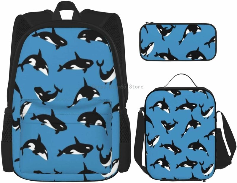 حقيبة المدرسة Orcas أو القاتل الحيتان حقيبة مدرسية حقيبة سفر عادية Daypack حقيبة الغداء مقلمة للبنين المراهقين بنات 3 قطعة مجموعات