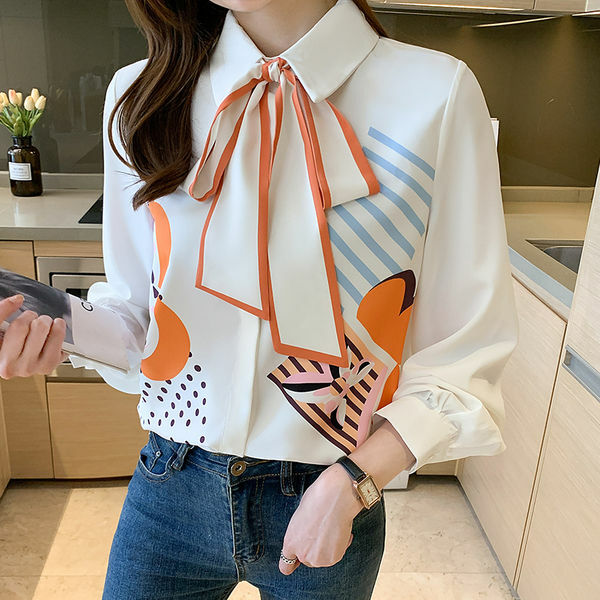 Contrast color floral shirt three-quarter sleeve bow strap top new 2022 autumn chiffon shirt Casual  Floral  Floral   Bow #5