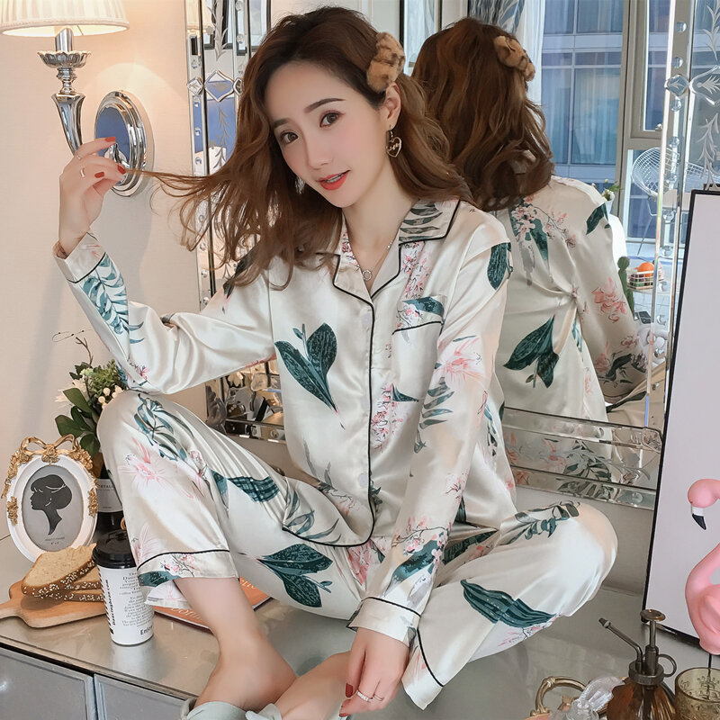 Summer Silk Satin Pajamas Set Woman Printed Long Sleeve Sleepwear Pijamas Suit Female Sleep Two Piece Loungewear Plus Size #3