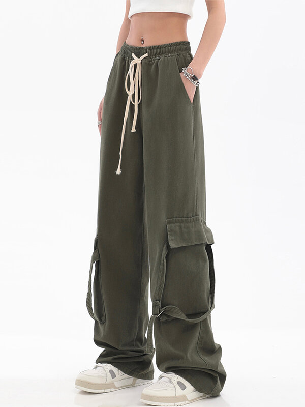 الشارع الشهير السراويل البضائع النساء جيوب كبيرة الحجم الهيب هوب واسعة الساق السراويل الإناث مرونة الخصر Vintage Sweatpants فاسق غير رسمية Y2K