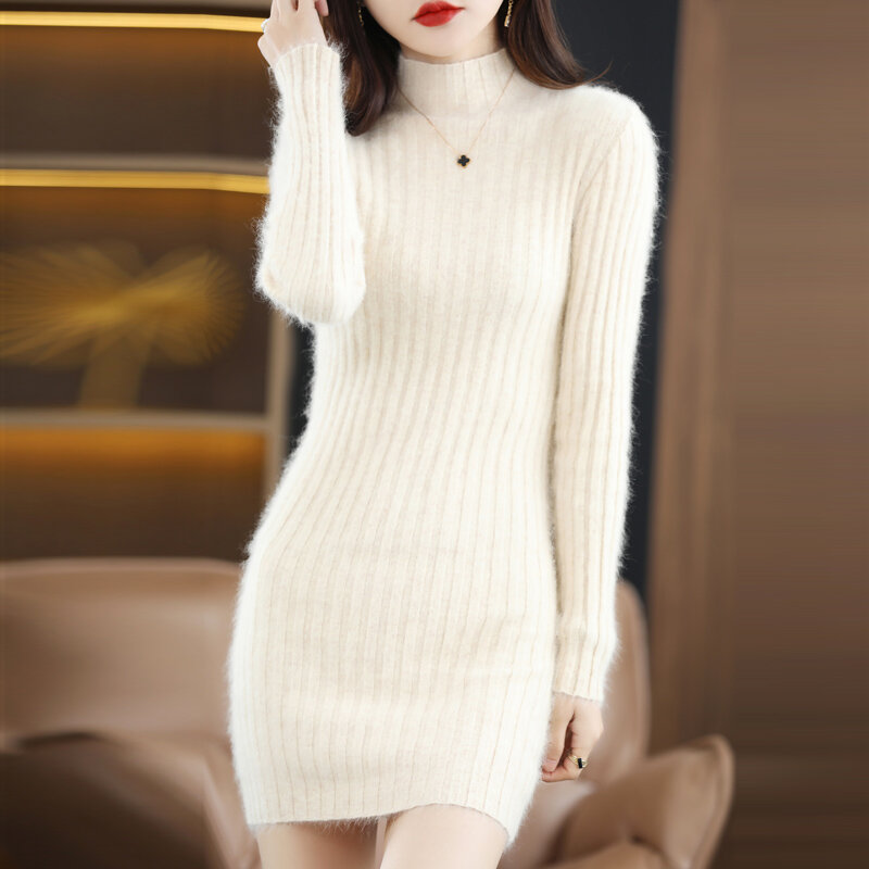 سترة المرأة الخريف الشتاء فستان المنك الصوف نصف عالية الرقبة سليم صالح متوسطة طويلة البلوز الكورية موضة كم طويل تريكو