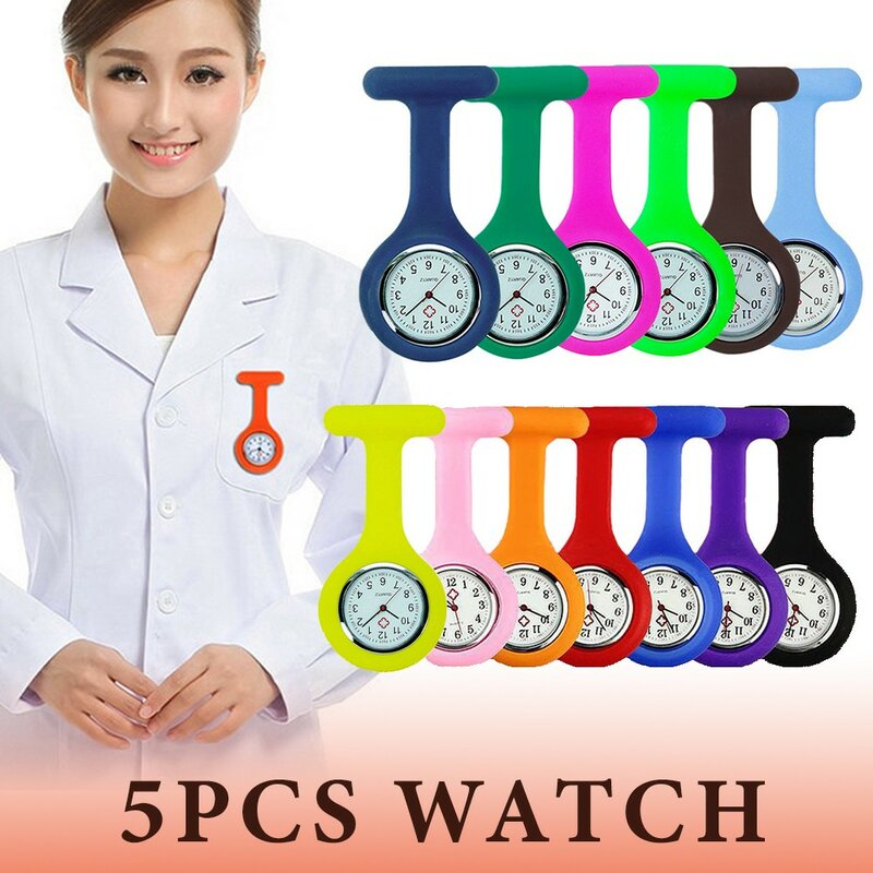 5pcs Silicone Nurse Watch Solid Color Brooch Fob Pocket Tunic Quartz Movement Watch Decor Quartz Часы