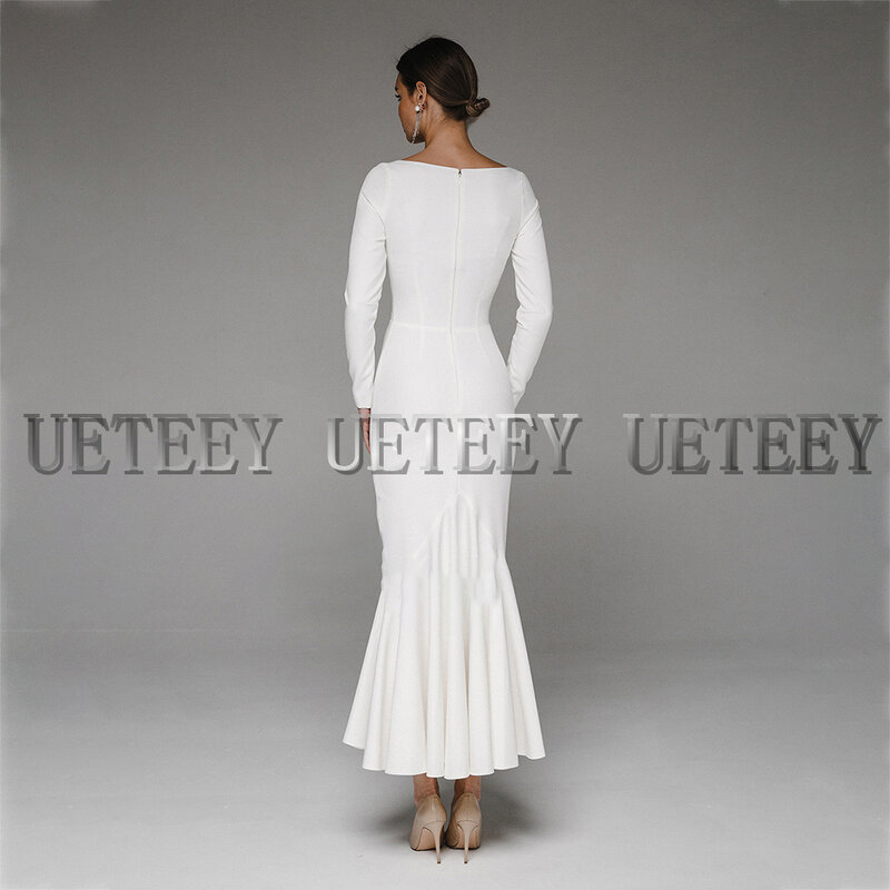 فستان زفاف أنيق من UETEEY برقبة مربعة وأكمام طويلة وسحّاب خلفي 2022 فستان عروس من الجيرسيه على شكل حرف a مصنوع حسب الطلب