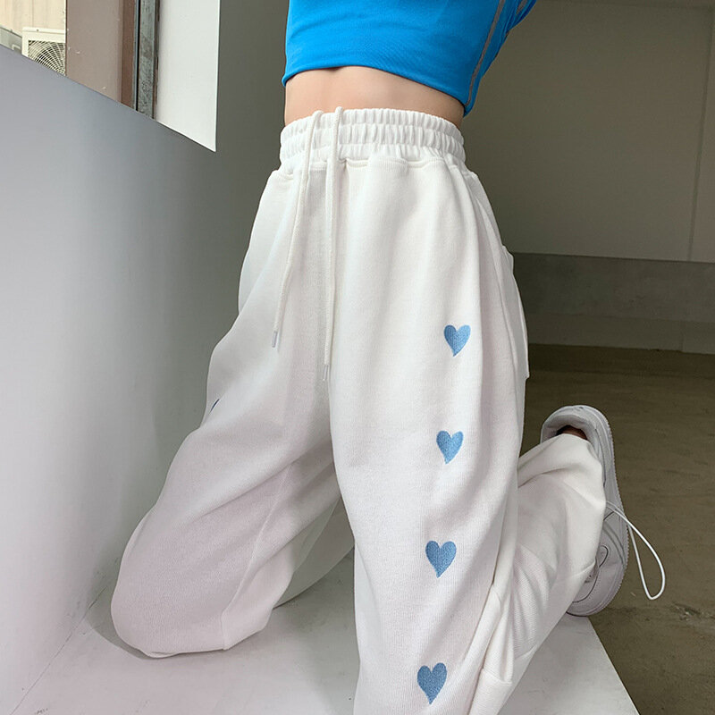 2022 جديد الأبيض بنطلون الربيع عالية الخصر القلب طباعة بنطال ذو قصة أرجل واسعة كبيرة الحجم عادية بلون Sweatpants المرأة الملابس
