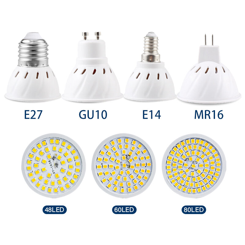 6 قطعة/الوحدة LED لمبة E27 E14 MR16 GU10 48 60 80 المصابيح Lampada LED ضوء 110 فولت 220 فولت بومبيلا الأضواء الإضاءة الباردة/الدافئة الأبيض مصباح