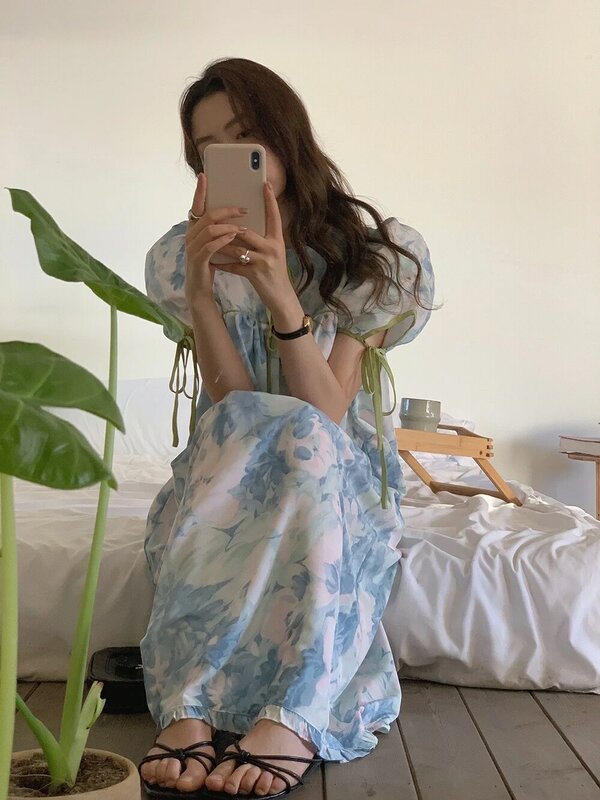 Korean summer small broken flower short sleeved dress for women