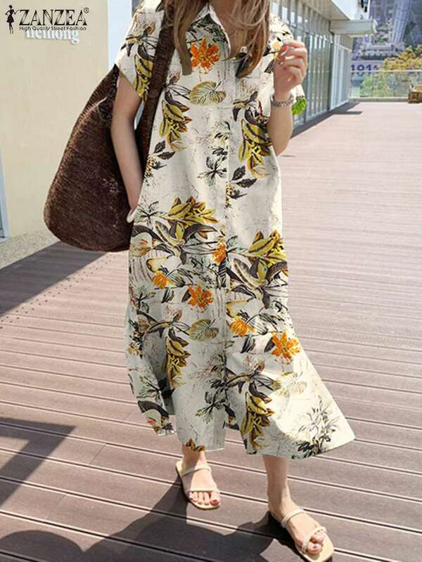 ريترو التلبيب الرقبة الأزهار المطبوعة قصيرة الأكمام فستان الشمس 2022 ZANZEA المرأة الصيف قميص فستان Vintage شاطئ Vestidos رداء فام