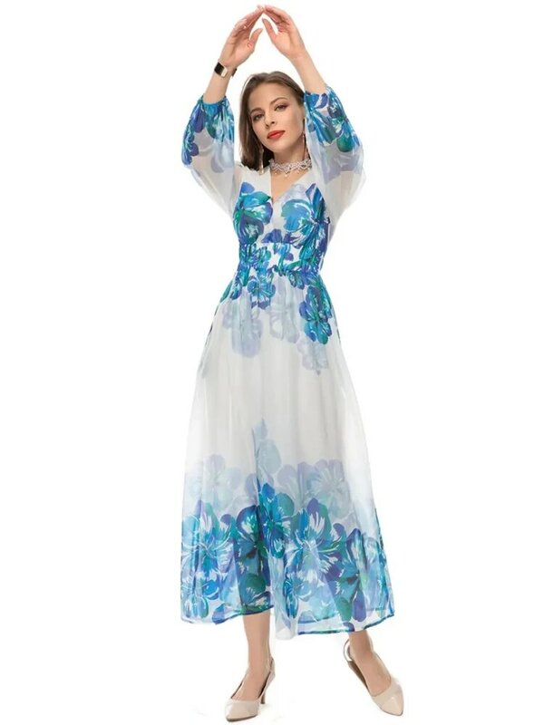 DLDENGHAN الربيع الصيف المرأة فستان طويل الخامس الرقبة فانوس كم الأزرق الزهور طباعة مرونة الخصر فساتين البوهيمي موضة جديدة #2