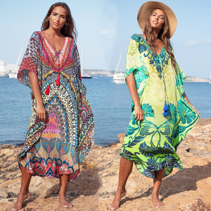 2022 القفطان المغربي البوهيمي مطبوعة فستان صيفي طويل تونك المرأة حجم كبير ملابس الشاطئ لباس سباحة التستر رداء دي بلاج