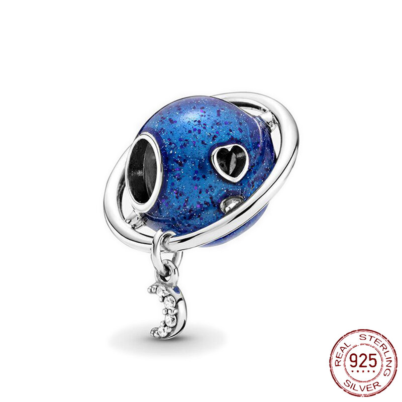 925 فضة الأزرق سلسلة القمر الطائرة الفضاء سلسلة الزجاج الخرز كليب Charm صالح الأصلي باندورا سوار الإسورة مجوهرات هدية