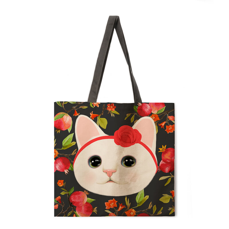 زهرة القط المرأة حقيبة شاطئية قابلة للطي حقيبة كتف حقيبة تسوق مطبوعة حقيبة الكتان عادية حمل قابلة لإعادة الاستخدام