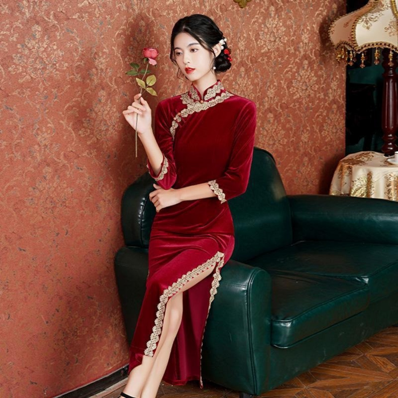 2022 فستان أحمر بتصميم عتيق فساتين سهرة تقليدية صينية مثيرة للسيدات من شيونغسام هانفو الوطنية الصينية التقليدية شحن مجاني