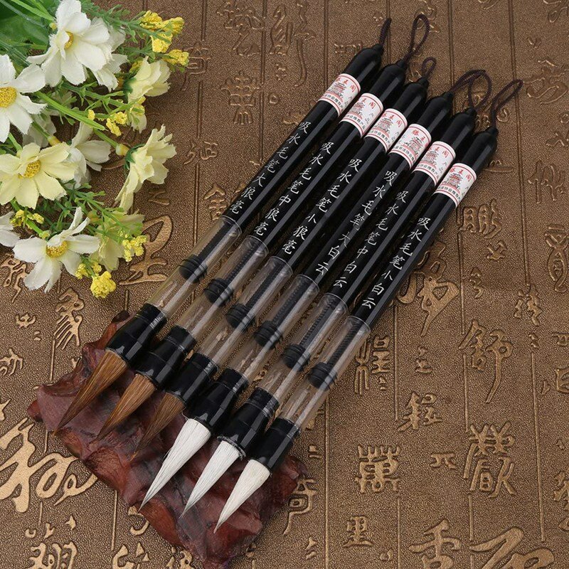 6 قطعة فرشاة مياه المكبس الصينية اليابانية قلم الخط مكبس قابل للتعديل (S + M + L) ، الأبيض والبني فرشاة رئيس القلم