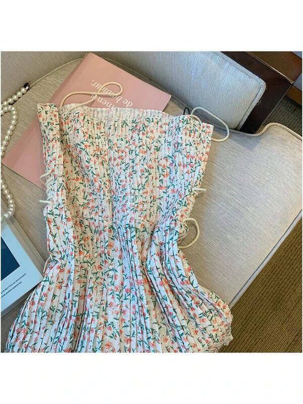 الأزهار الحمالة فستان المرأة الصيف تصميم جديد تحسس الخصر التعادل مثير مطوي أكمام خارج الكتف تنورة الإناث