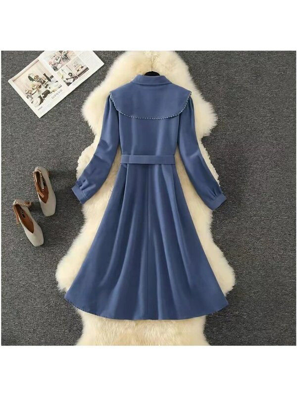 Blue Long-sleeved Dress Women's Spring And Autumn New College Style Solid Color Temperament A-line Mid-length Skirt Female