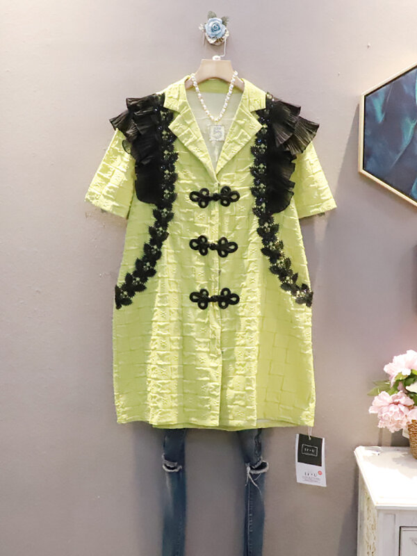 XITAO Lace Splicing Shirt Dress Fashion Notched Collar Contrast Color Ruffles Short Sleeve Loose Casual Women New Dress ZY6869