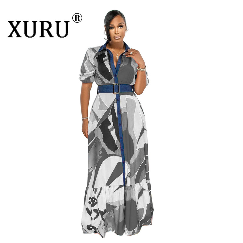 XURU Summer New Women's Print Dress, V-Neck Button Panel Multicolor Dress