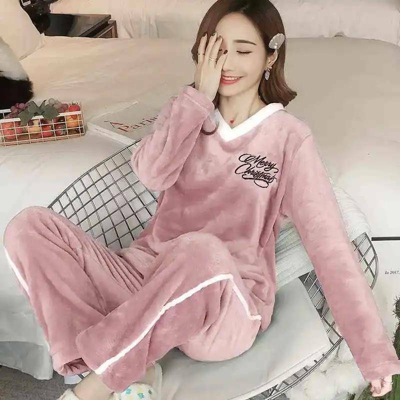 Winter warm thick flannel pajamas suit sweet beauty long-sleeved cartoon printing casual home wear pajamas top + pants plus size