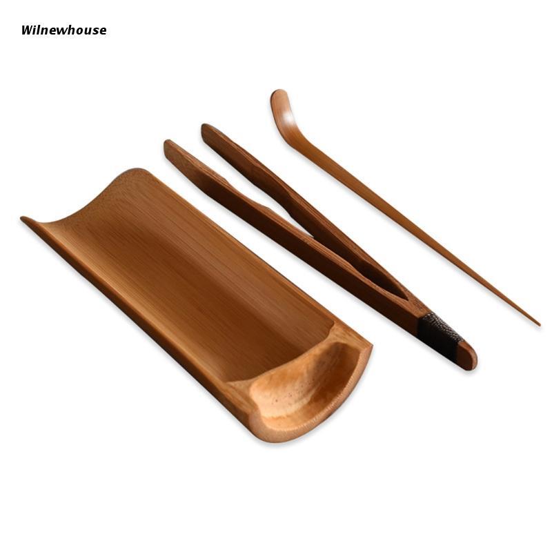 F63A 3 Pcs Handmade Bamboo Tea Set Smooth Edged Natural Tea Making Tool Kit Delicate