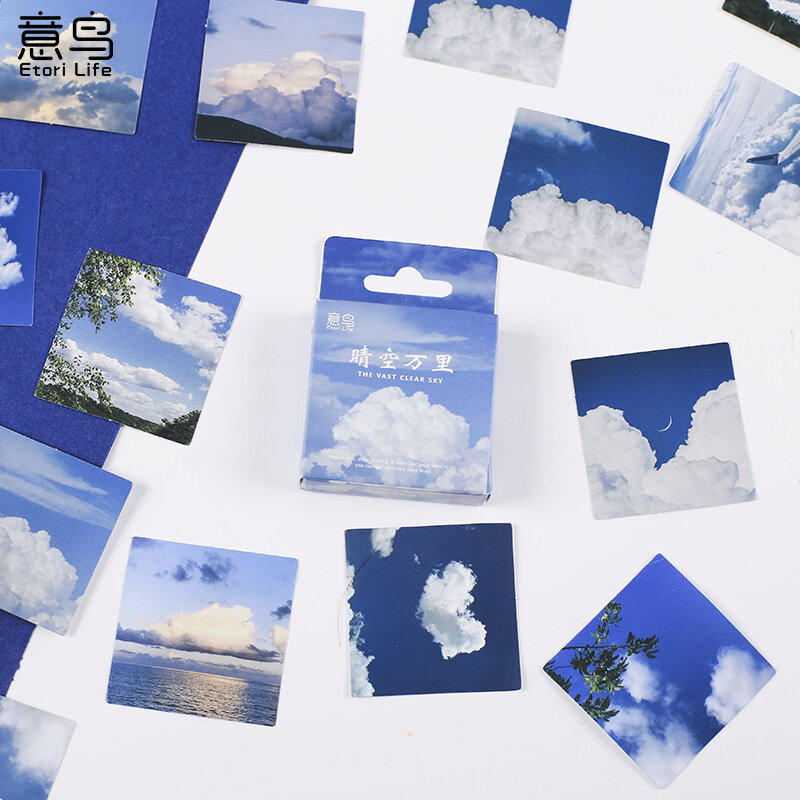 46pcsBlue القرطاسية ملصقا للأطفال مشهد جميل السماء الصغيرة سحابة القصاصات السفر مذكرات الديكور كتيب لاصق التسمية