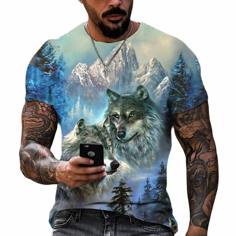2023 الذئب T قميص للرجال الحيوان طباعة قصيرة الأكمام أعلى ثلاثية الأبعاد رجل الشارع عادية تي شيرت المتضخم المحملة قميص الرجال Vintage الملابس