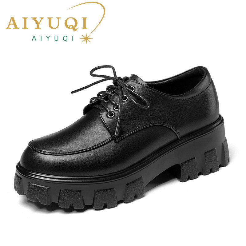 AIYUQI أحذية نسائية ربيع 2022 جديد النمط البريطاني سميكة سوليد الدانتيل متابعة جلد طبيعي مريحة السيدات عادية حذا فردي للسيدات