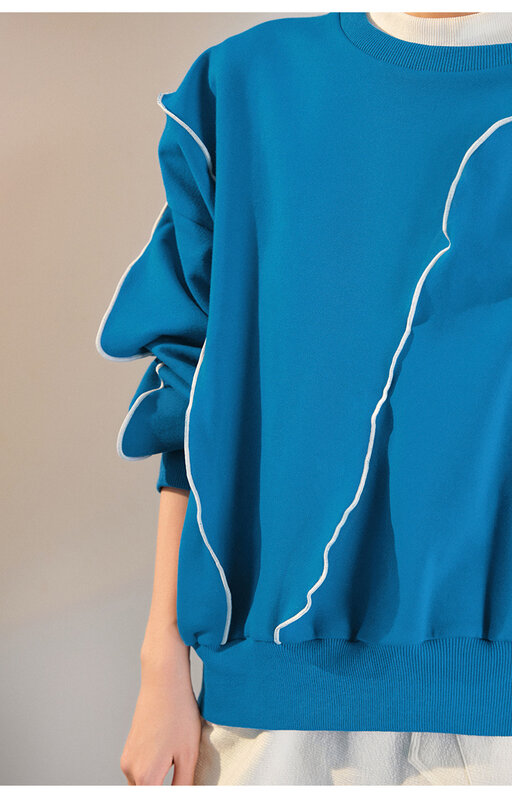 الأزرق غير النظامية البلوز البلوز المرأة الربيع والخريف جديد خط ديكور تصميم أسود طويل الأكمام البلوز بلوزة الإناث
