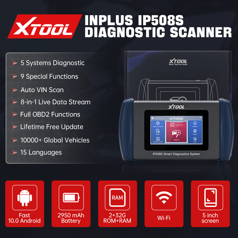 XTOOL-InPlus IP508S أداة تشخيص السيارة ، OBD2 ، نقل المحرك ، ABS ، SRS ، EPB ، TPMS ، DPF ، النفط ، BMS ، SAS ، إعادة تعيين ، CAN ، FD ، تحديث مدى الحياة
